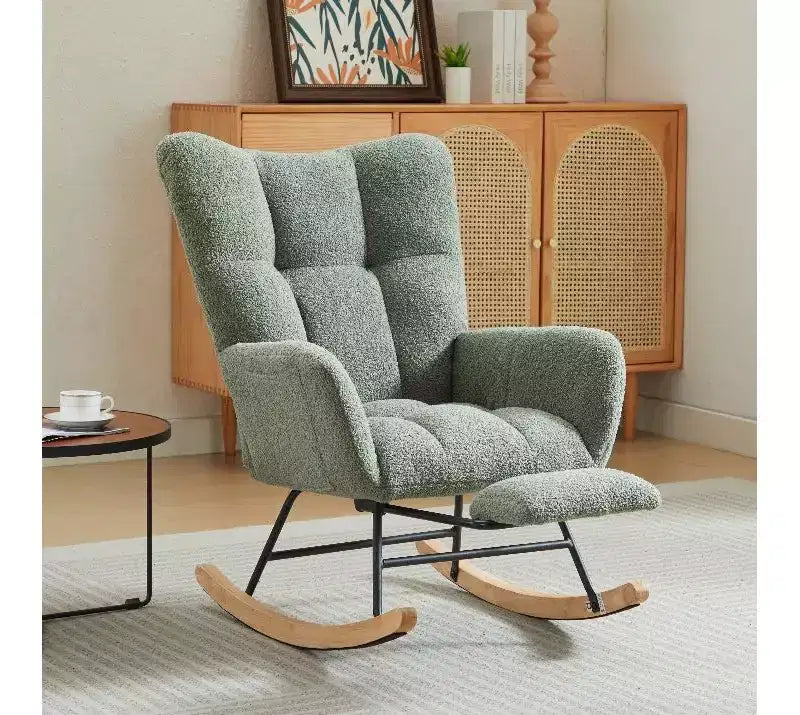 Sillón tapizado Furry Glider con reposapiés, respaldo alto, 1 plaza – Beige / Gris oscuro / Verde oscuro / Verde / Blanco