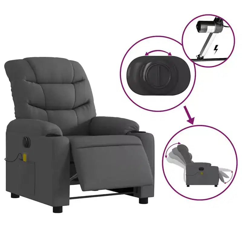 Sillón reclinable eléctrico de masaje de tela gris oscuro, 1 asiento