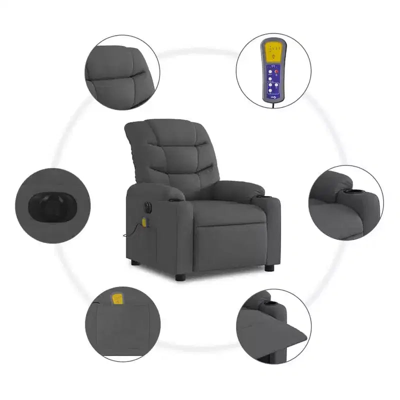 Sillón reclinable eléctrico de masaje de tela gris oscuro, 1 asiento
