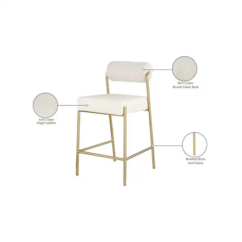 Taburete de cocina de terciopelo crema y cuero vegano, sin reposabrazos, capacidad para 1 persona