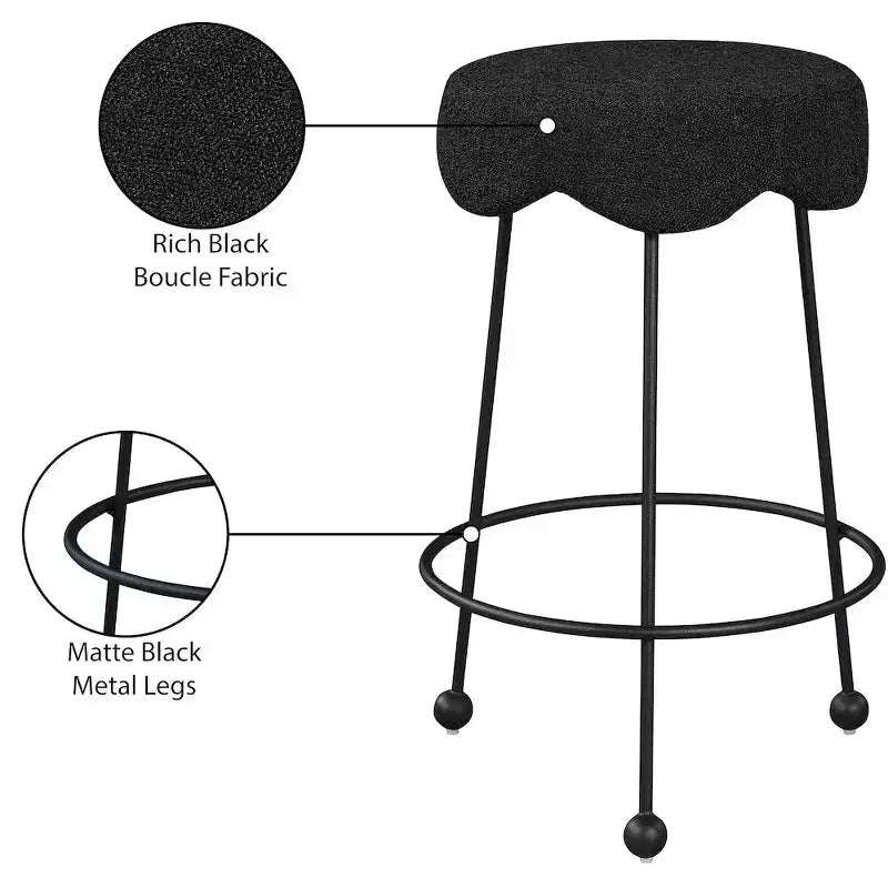 Taburete de mostrador redondo de terciopelo buclé negro, sin brazos, para 1 persona