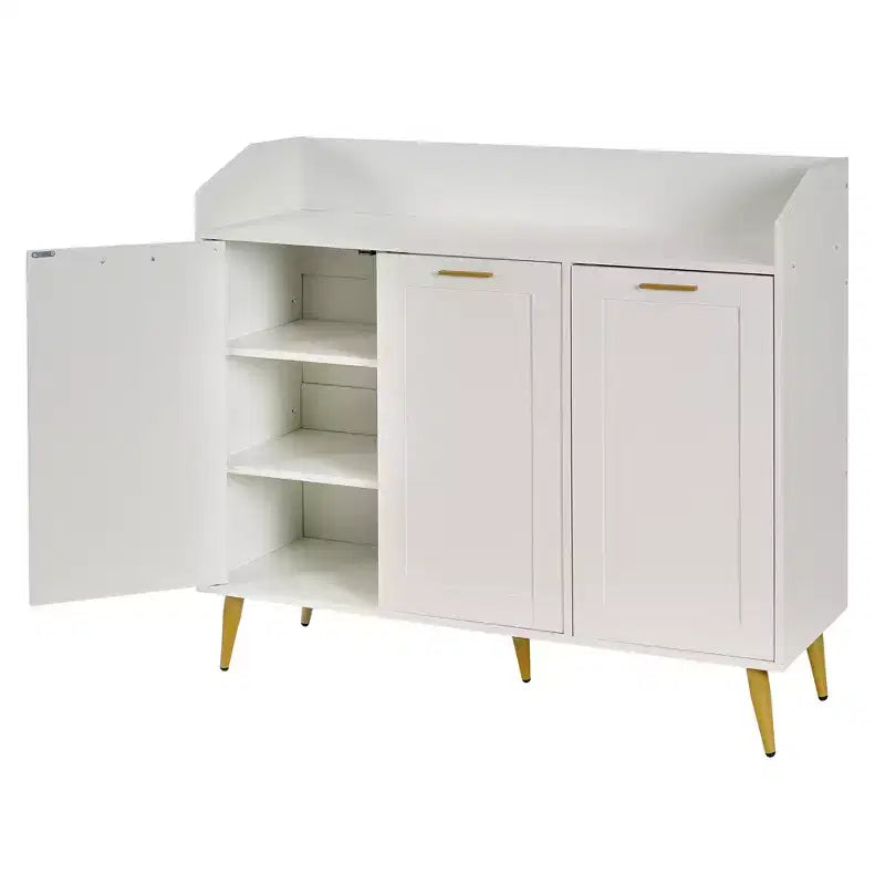 Zapatero de 3 puertas blanco y dorado con ganchos laterales, para hogares de 1 o 2 personas