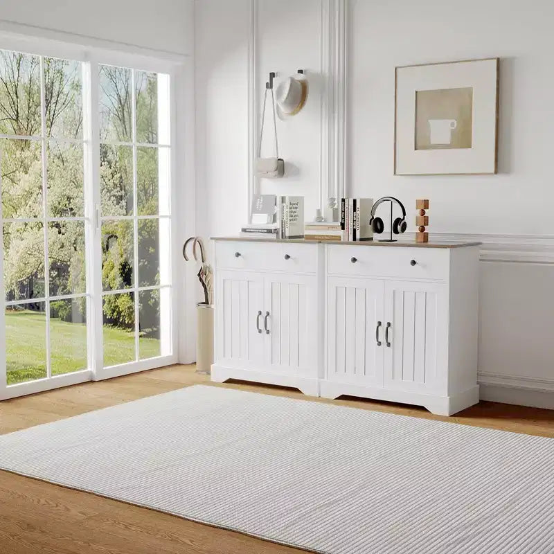 Aparador de madera blanca con puertas caladas y 4 cajones, 1 estante
