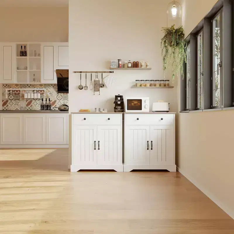 Aparador de madera blanca con puertas caladas y 4 cajones, 1 estante