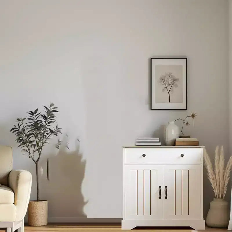 Aparador de madera blanca con puertas caladas y 4 cajones, 1 estante