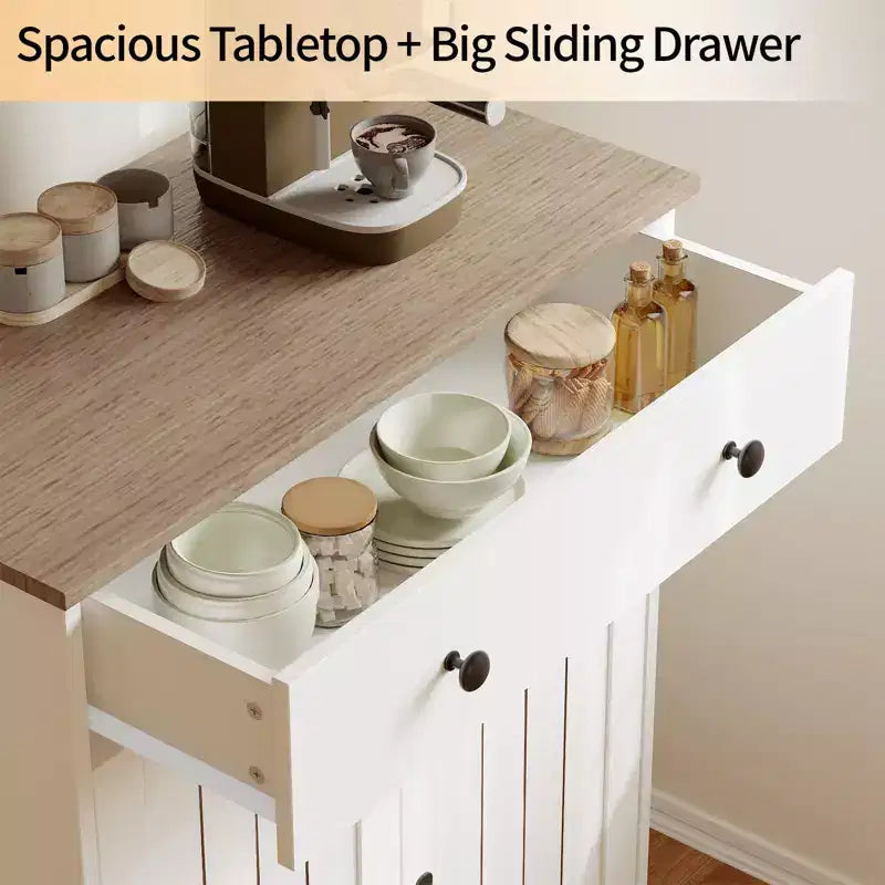 Aparador de madera blanca con puertas caladas y 4 cajones, 1 estante
