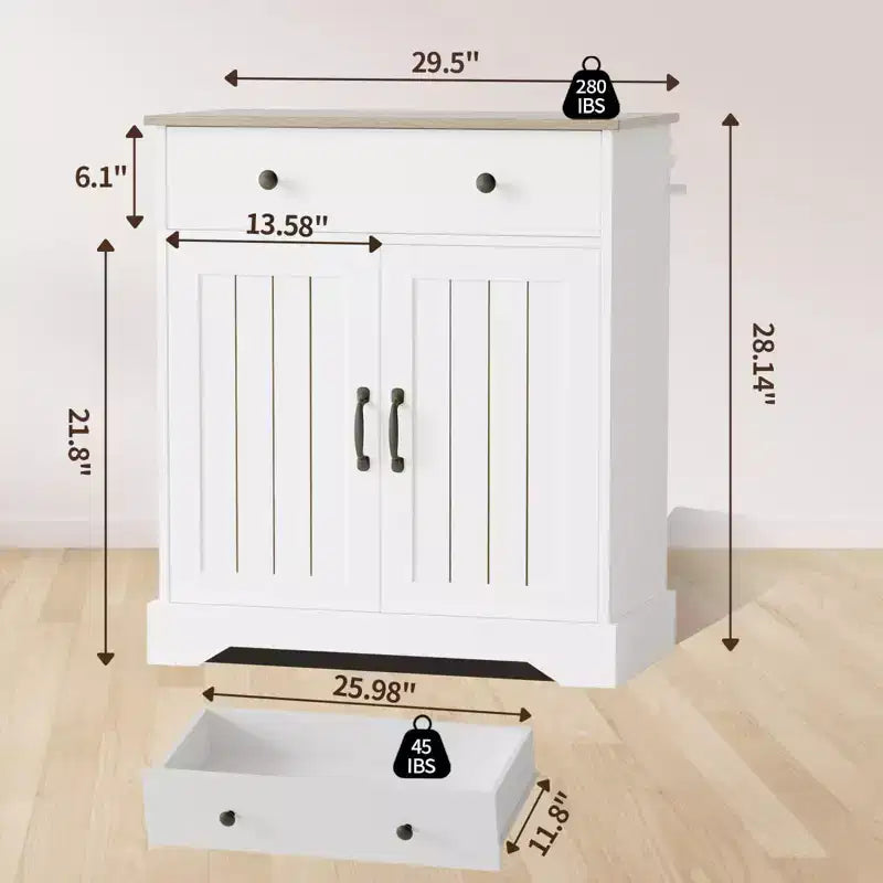 Aparador de madera blanca con puertas caladas y 4 cajones, 1 estante