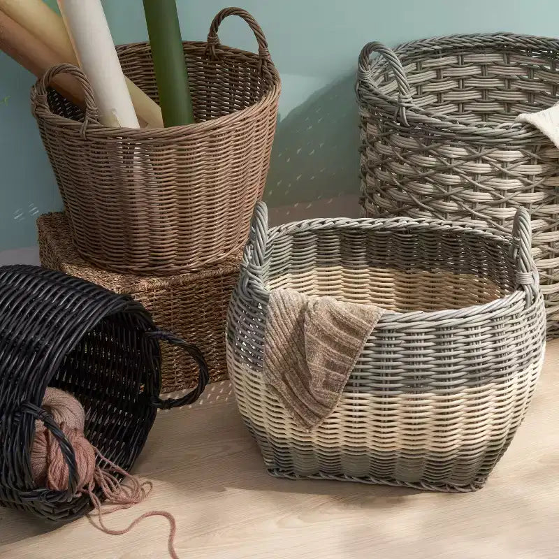 Cesto de almacenamiento de resina redonda con asas – Negro / Marrón / Crema+Gris