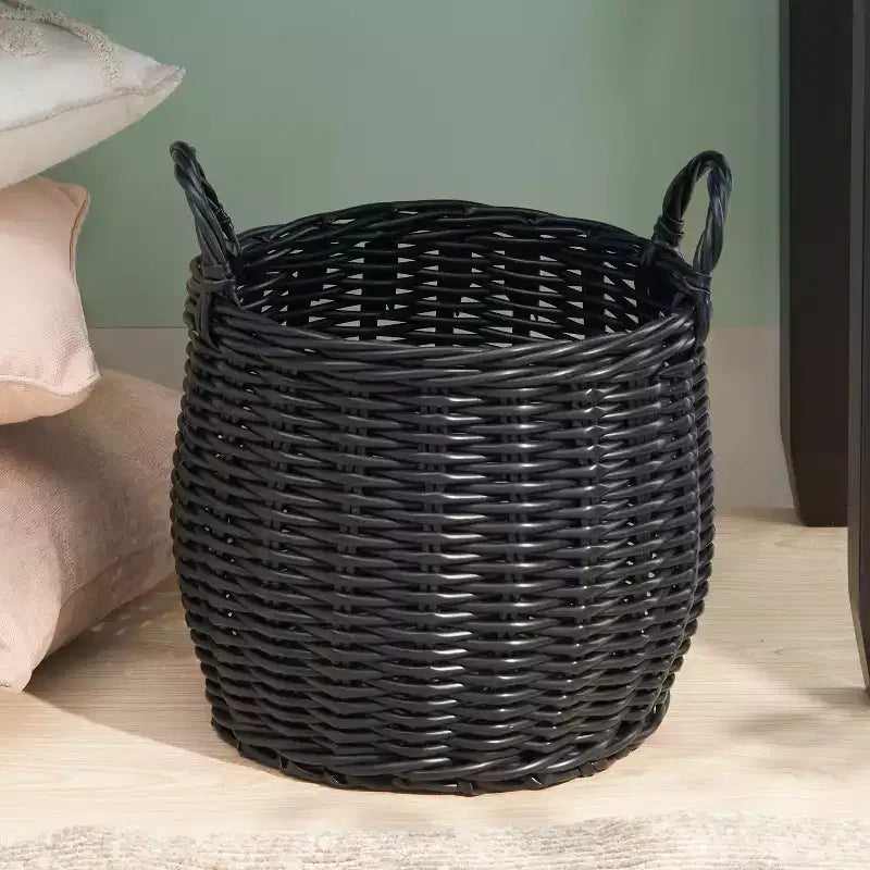 Cesto de almacenamiento de resina redonda con asas – Negro / Marrón / Crema+Gris