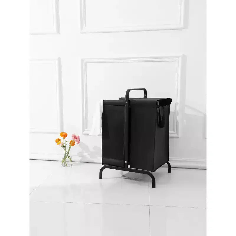 Clasificador de Ropa Sucia Oxford de 2 Niveles, Blanco y Negro, con Tapa, 2 Secciones