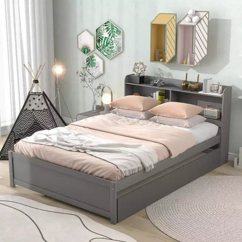 Cama Plataforma Gris Individual con Nido y Estantería, 1 Persona
