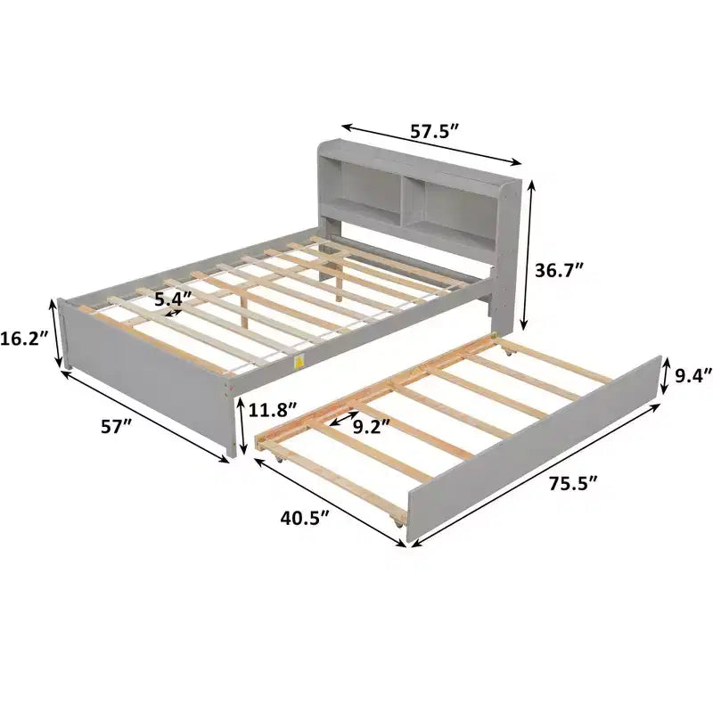 Cama Plataforma Gris Individual con Nido y Estantería, 1 Persona