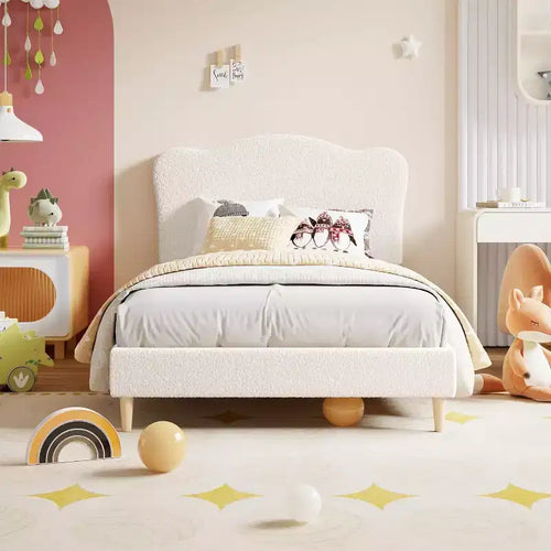 Cama individual tapizada en boucle beige con cabecero ajustable, para 1 niño