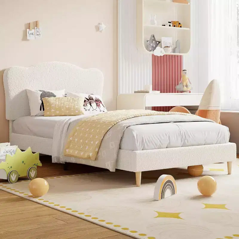 Cama individual tapizada en boucle beige con cabecero ajustable, para 1 niño