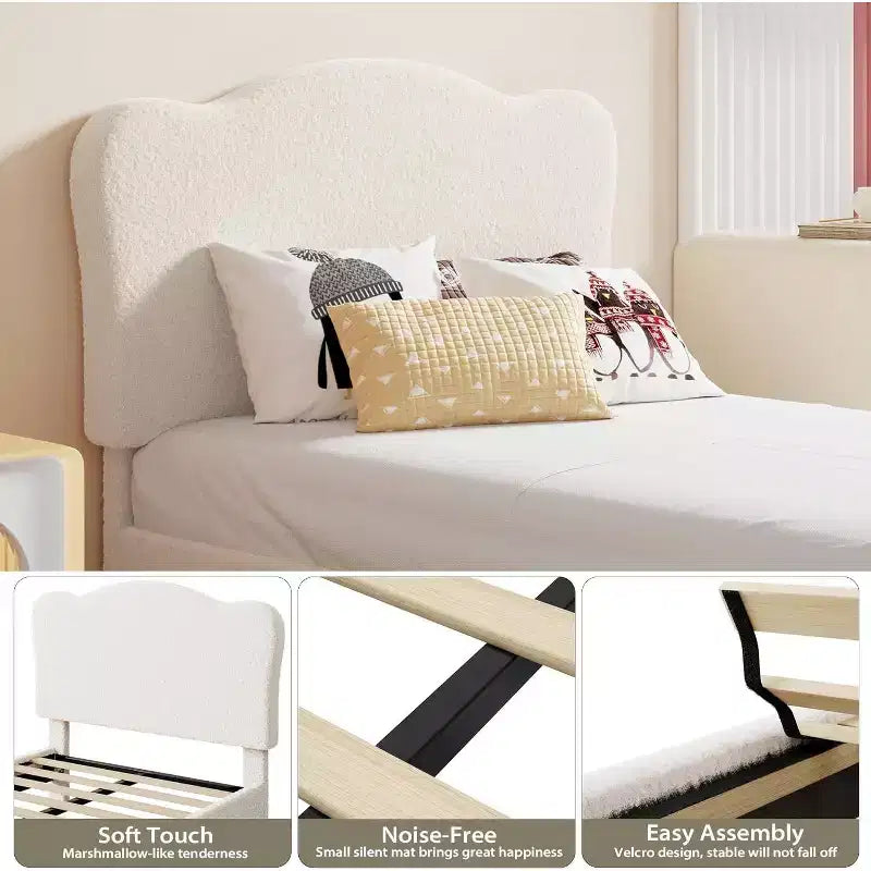 Cama individual tapizada en boucle beige con cabecero ajustable, para 1 niño