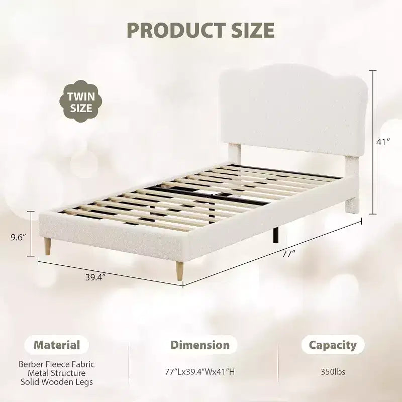 Cama individual tapizada en boucle beige con cabecero ajustable, para 1 niño
