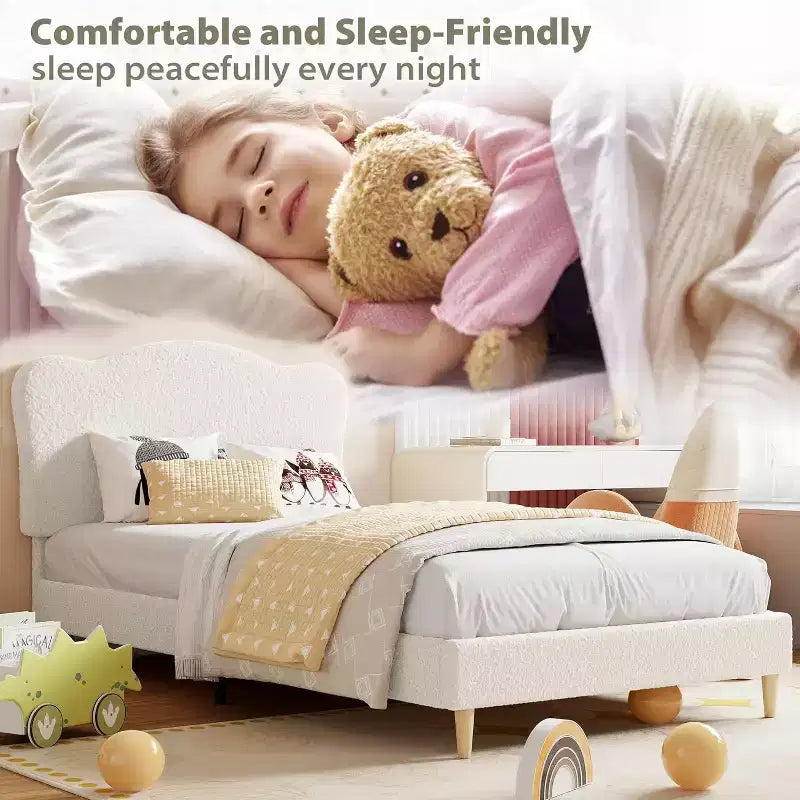 Cama individual tapizada en boucle beige con cabecero ajustable, para 1 niño