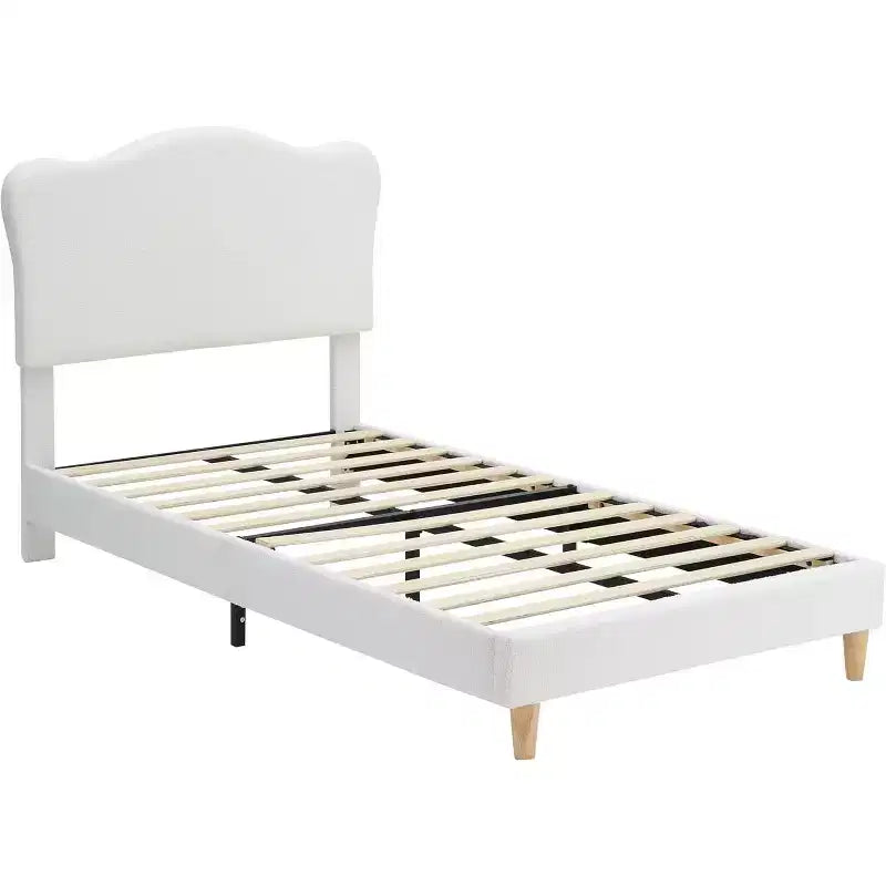 Cama individual tapizada en boucle beige con cabecero ajustable, para 1 niño