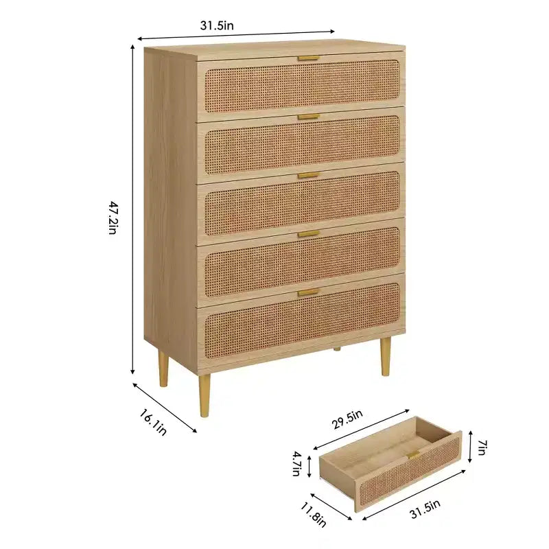Cómoda alta de 5 cajones de ratán natural, color madera, un solo uso
