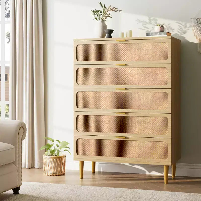 Cómoda alta de 5 cajones de ratán natural, color madera, un solo uso