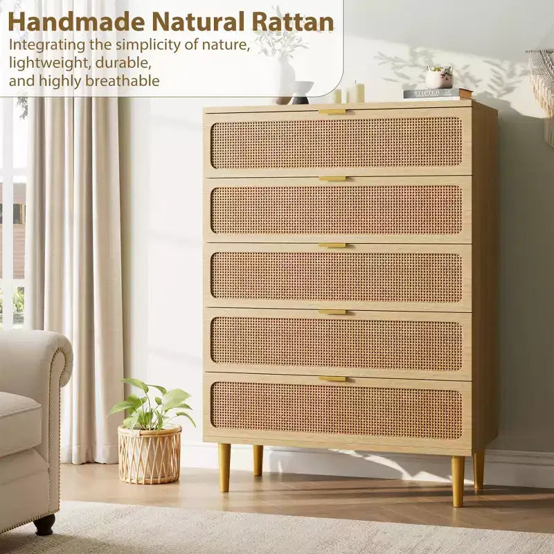 Cómoda alta de 5 cajones de ratán natural, color madera, un solo uso