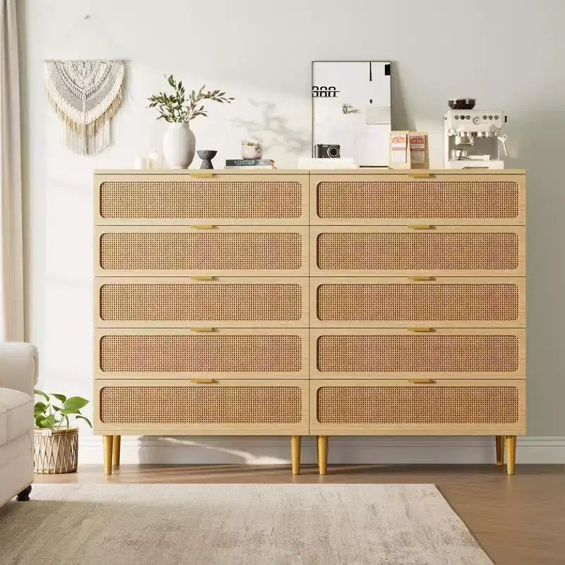 Cómoda alta de 5 cajones de ratán natural, color madera, un solo uso