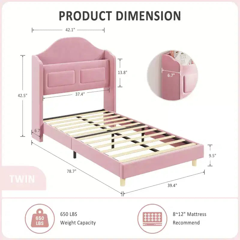 Estructura de cama individual tapizada en azul/rosa/blanco con respaldo de ala, luces LED y cabecero con almacenamiento, para 1 persona