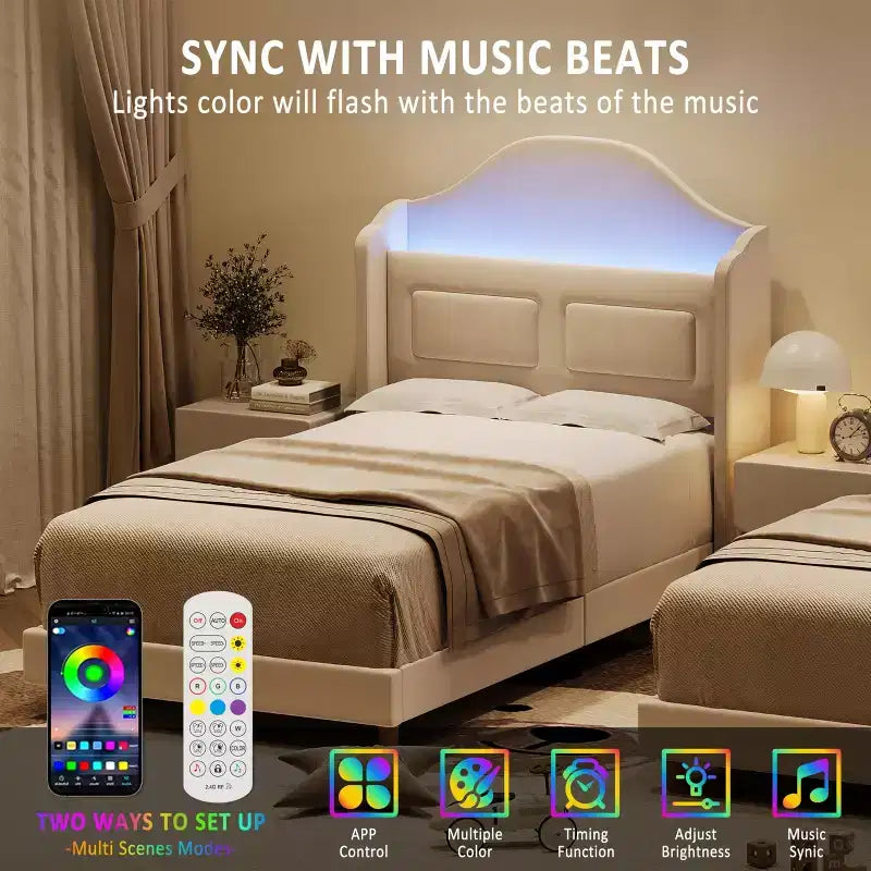 Estructura de cama individual tapizada en azul/rosa/blanco con respaldo de ala, luces LED y cabecero con almacenamiento, para 1 persona