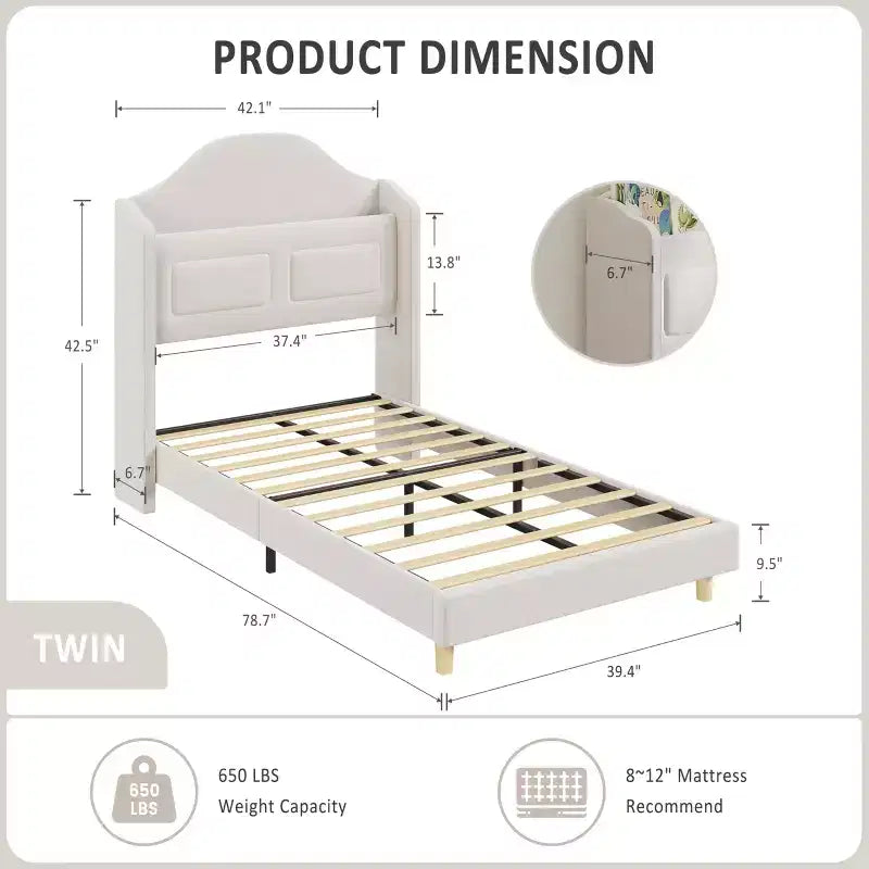 Estructura de cama individual tapizada en azul/rosa/blanco con respaldo de ala, luces LED y cabecero con almacenamiento, para 1 persona