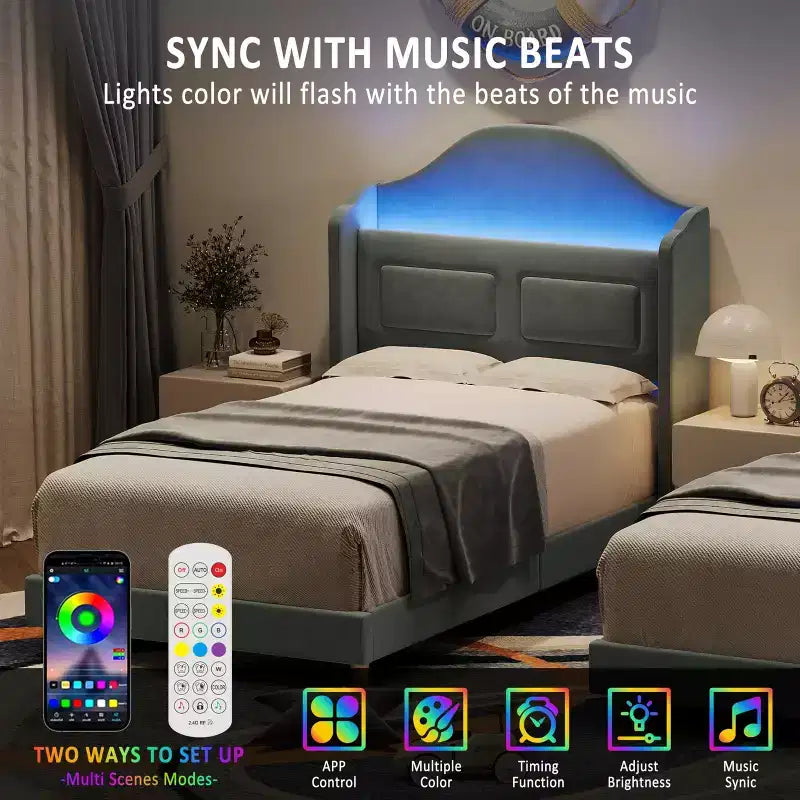 Estructura de cama individual tapizada en azul/rosa/blanco con respaldo de ala, luces LED y cabecero con almacenamiento, para 1 persona
