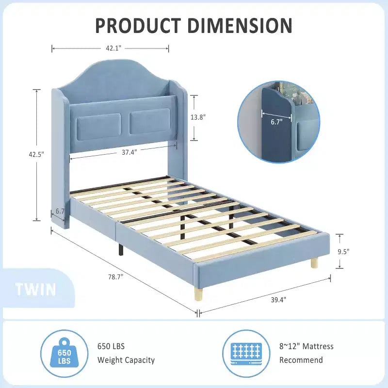 Estructura de cama individual tapizada en azul/rosa/blanco con respaldo de ala, luces LED y cabecero con almacenamiento, para 1 persona