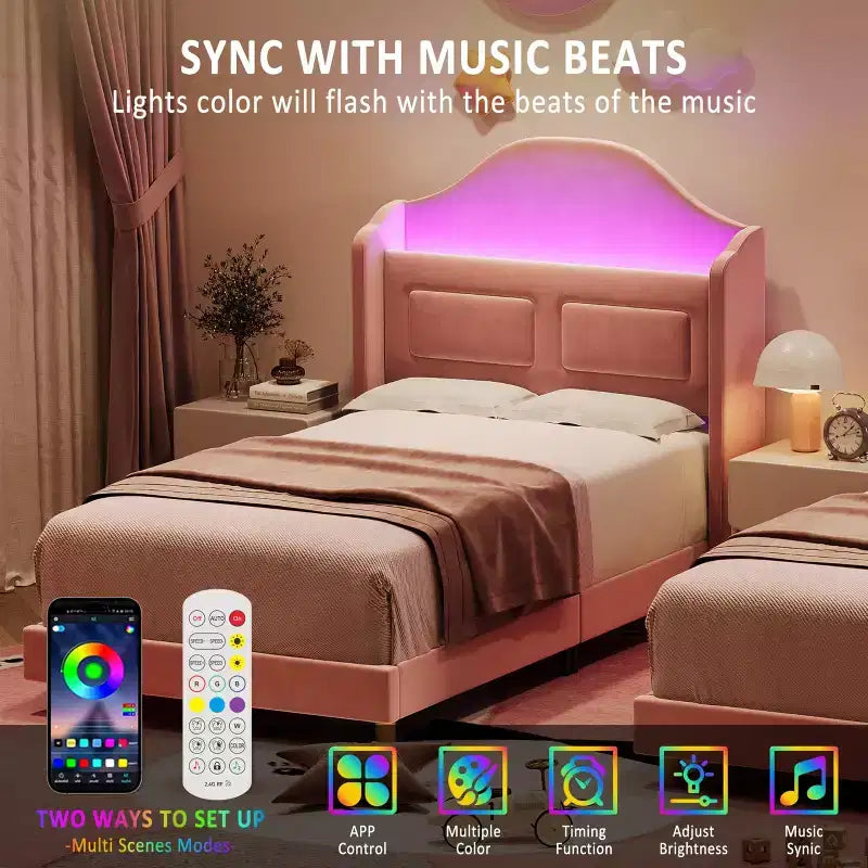 Estructura de cama individual tapizada en azul/rosa/blanco con respaldo de ala, luces LED y cabecero con almacenamiento, para 1 persona