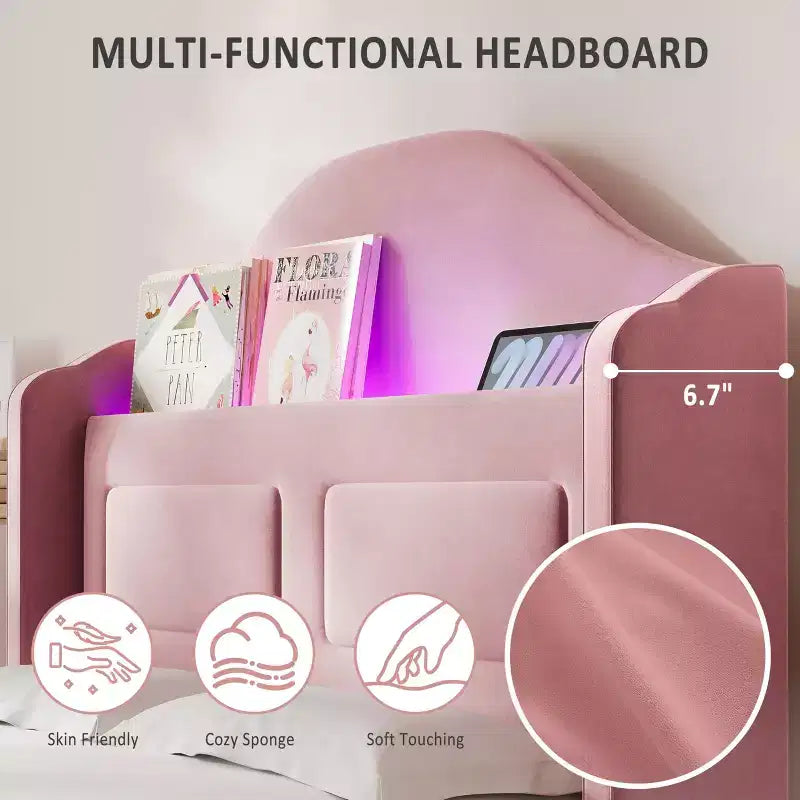 Estructura de cama individual tapizada en azul/rosa/blanco con respaldo de ala, luces LED y cabecero con almacenamiento, para 1 persona