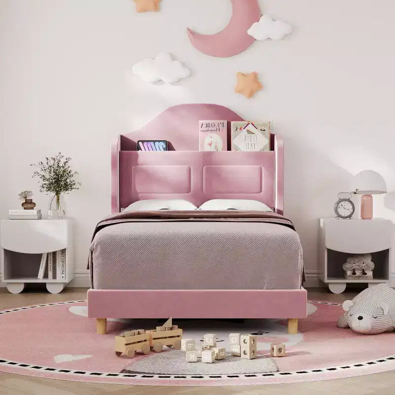 Estructura de cama individual tapizada en azul/rosa/blanco con respaldo de ala, luces LED y cabecero con almacenamiento, para 1 persona