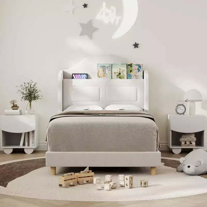 Estructura de cama individual tapizada en azul/rosa/blanco con respaldo de ala, luces LED y cabecero con almacenamiento, para 1 persona