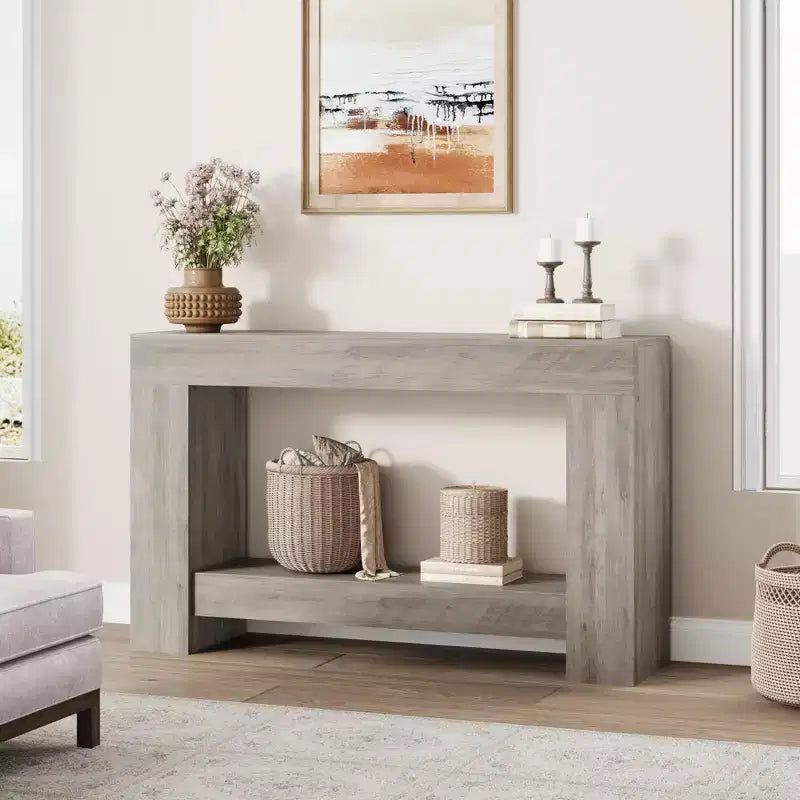 Mesa consola rústica de 2 niveles, gris/natural, de 120 cm o 160 cm, cabe 1
