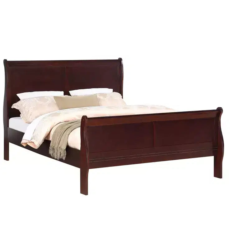 Estructura de cama matrimonial estilo trineo cerezo con cabecera y piecera, para 1 persona