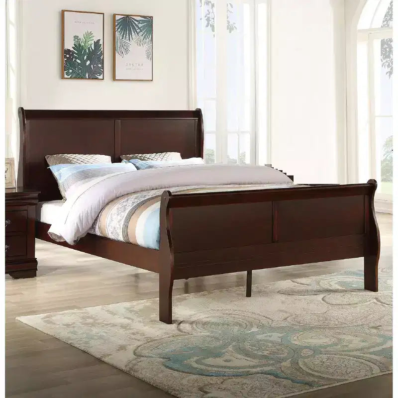 Estructura de cama matrimonial estilo trineo cerezo con cabecera y piecera, para 1 persona