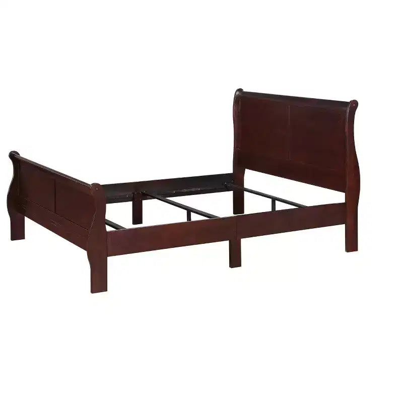 Estructura de cama matrimonial estilo trineo cerezo con cabecera y piecera, para 1 persona