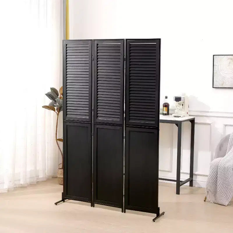 Divisor de ambiente plegable de 3 paneles, negro/marrón, 1.8 m, autónomo