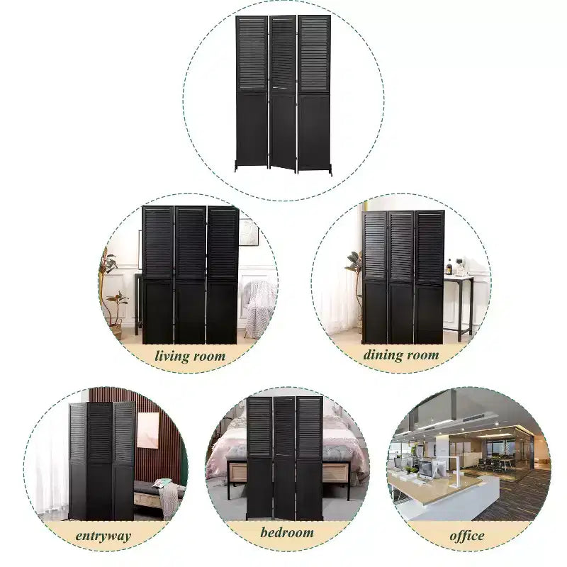Divisor de ambiente plegable de 3 paneles, negro/marrón, 1.8 m, autónomo