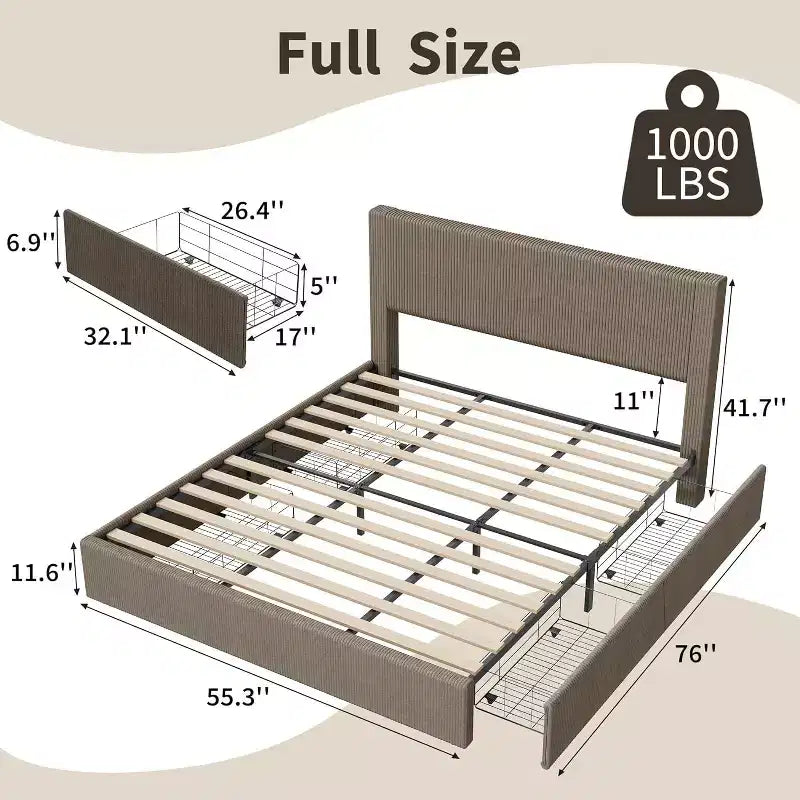 Estructura de cama Wingback de pana negra/marrón/blanquecina con 4 cajones de almacenamiento – Matrimonial, 2 personas