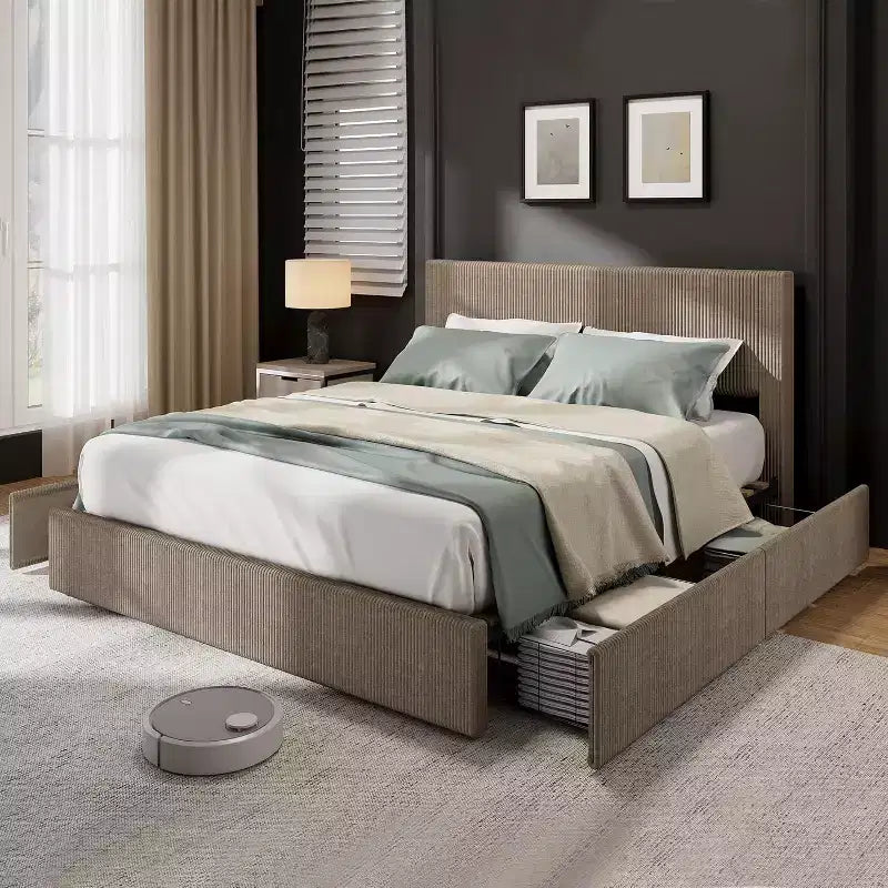 Estructura de cama Wingback de pana negra/marrón/blanquecina con 4 cajones de almacenamiento – Matrimonial, 2 personas