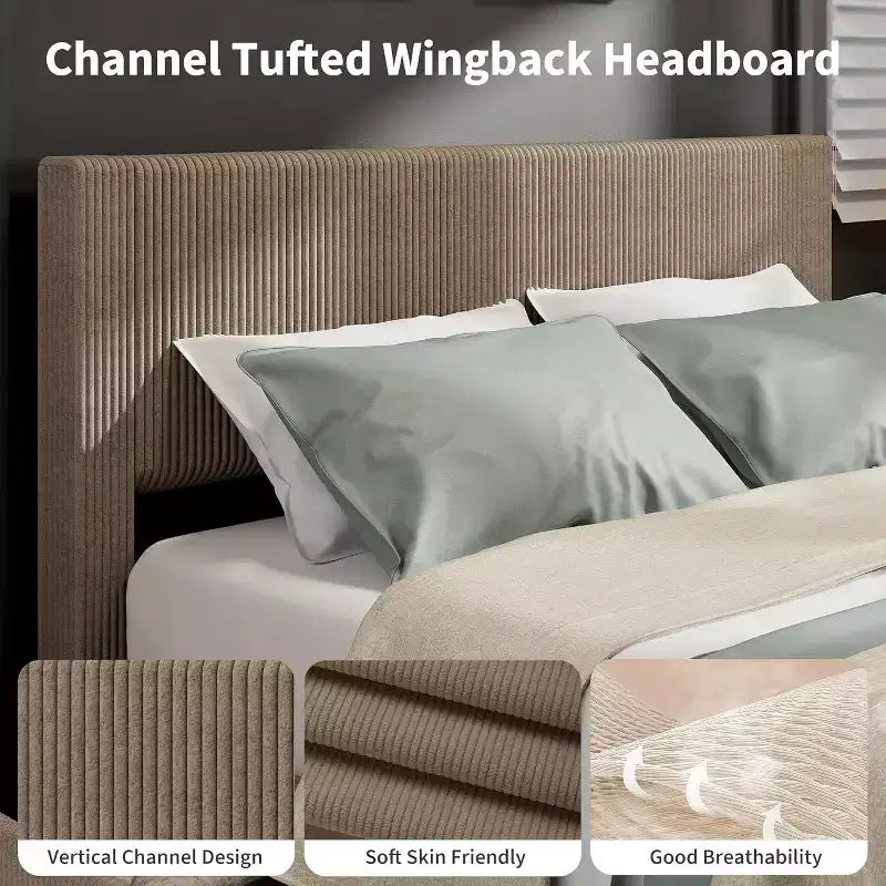 Estructura de cama Wingback de pana negra/marrón/blanquecina con 4 cajones de almacenamiento – Matrimonial, 2 personas