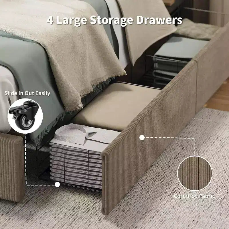 Estructura de cama Wingback de pana negra/marrón/blanquecina con 4 cajones de almacenamiento – Matrimonial, 2 personas