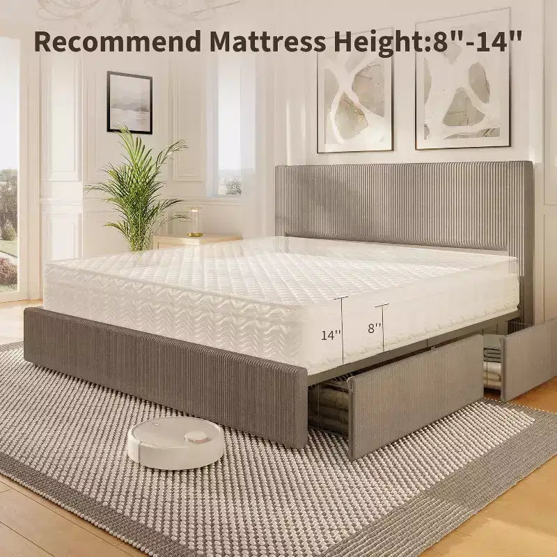 Estructura de cama Wingback de pana negra/marrón/blanquecina con 4 cajones de almacenamiento – Matrimonial, 2 personas
