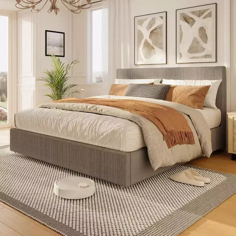 Estructura de cama Wingback de pana negra/marrón/blanquecina con 4 cajones de almacenamiento – Matrimonial, 2 personas