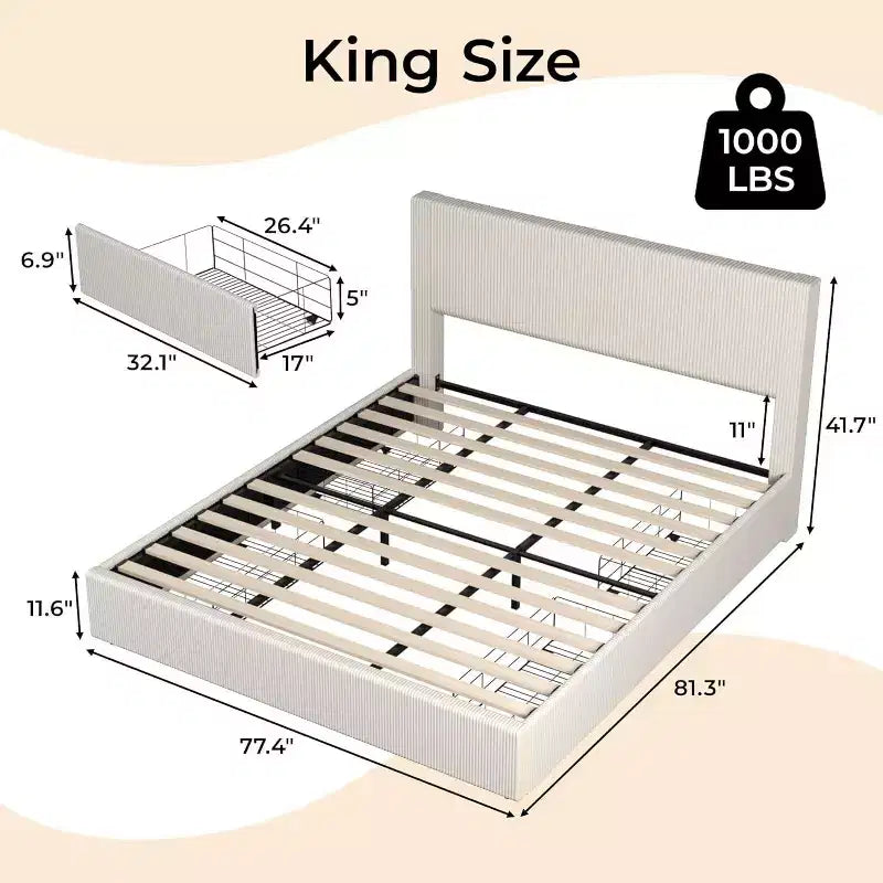 Estructura de cama Wingback de pana negra/marrón/blanquecina con 4 cajones de almacenamiento – Matrimonial, 2 personas