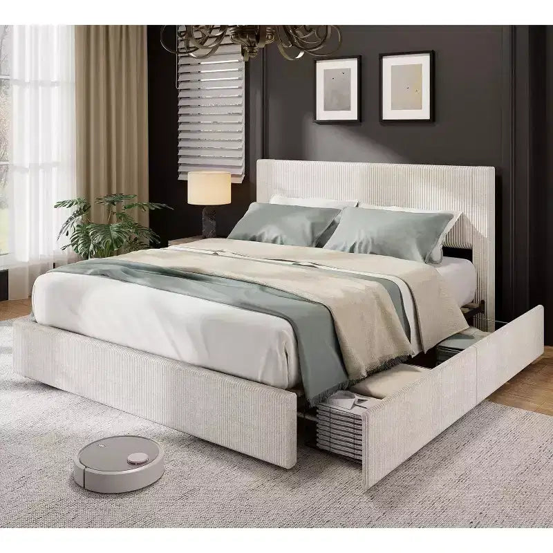 Estructura de cama Wingback de pana negra/marrón/blanquecina con 4 cajones de almacenamiento – Matrimonial, 2 personas