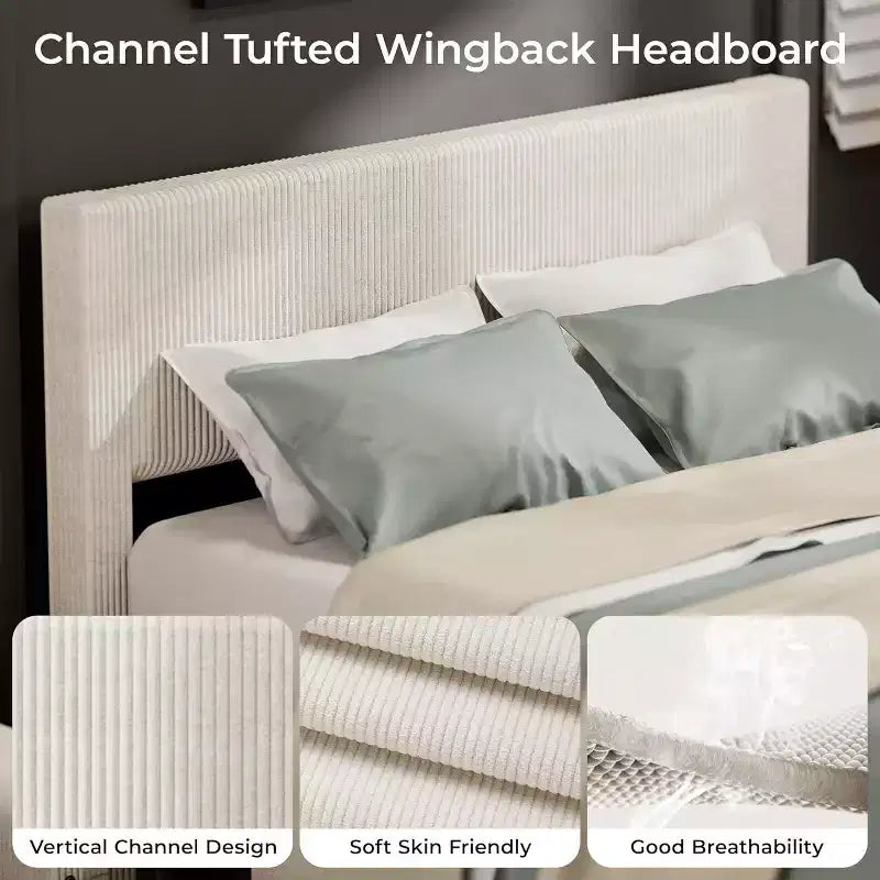 Estructura de cama Wingback de pana negra/marrón/blanquecina con 4 cajones de almacenamiento – Matrimonial, 2 personas